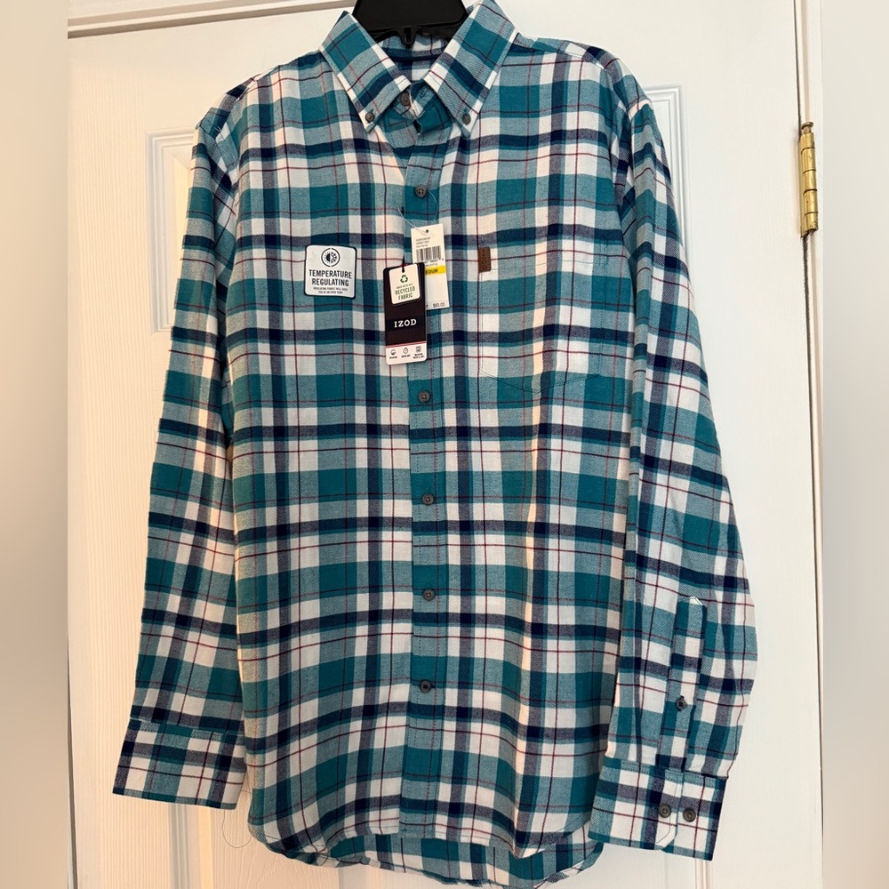 Izod Teal and White Plaid Men's Button-Down Shirt